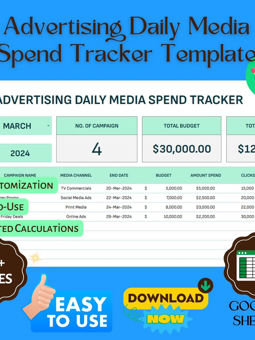 Advertising Daily Media Spend Tracker Template, Google Sheets, Track ...
