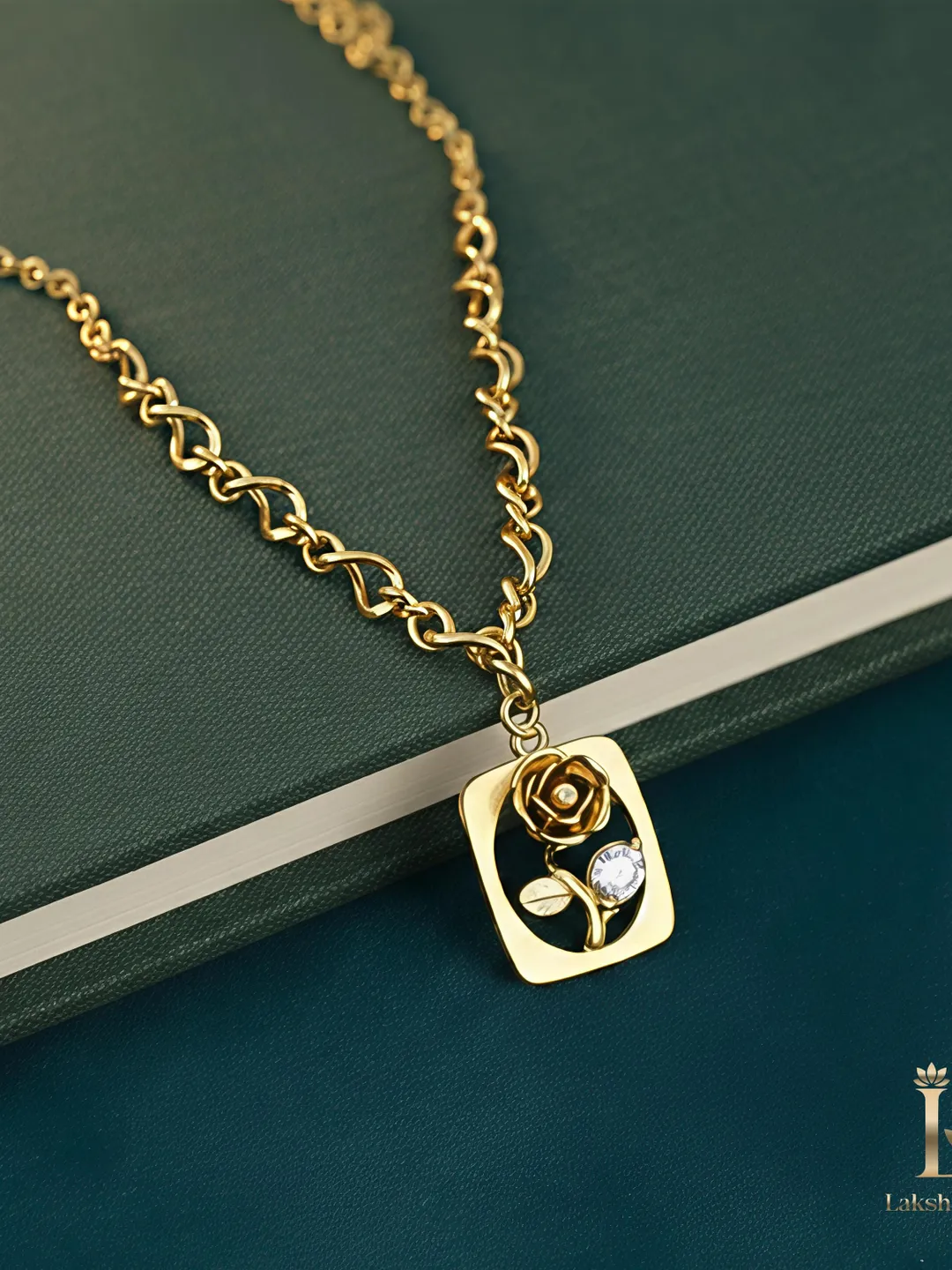 Gold Rose Frame Necklace in Stainless Steel • Unique Heart Link Chain • Rectangular Floral Pendant with Crystal • Waterproof Jewelry