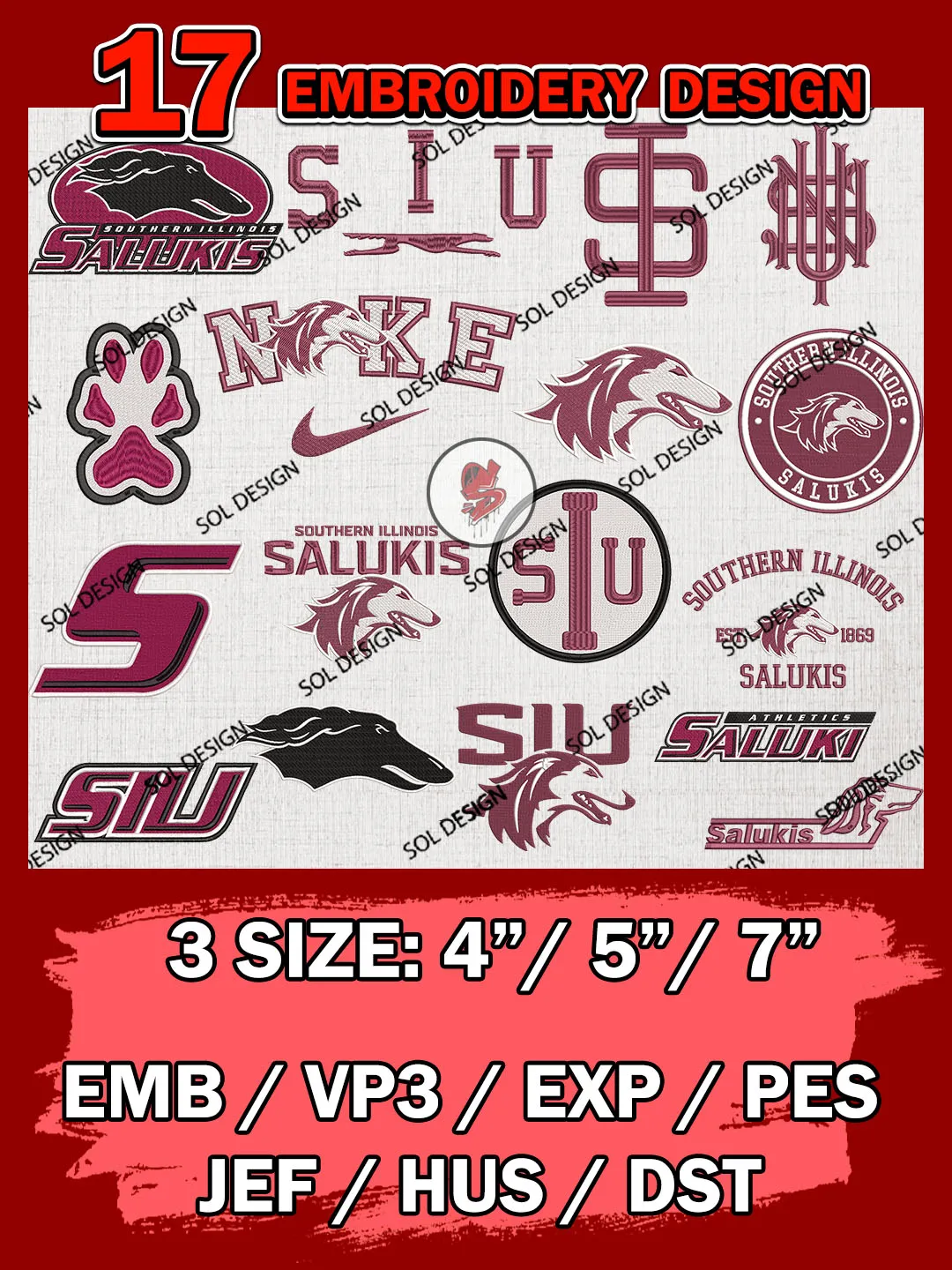 17 NCAA Southern Illinois Salukis Bundle Embroidery Files, NCAA Southern Illinois Salukis Team Bundle Embroidery Designs, NCAA Teams, National College Football Team 3 sizes, NCAA Southern Illinois Machine Embroidery, Digital Download