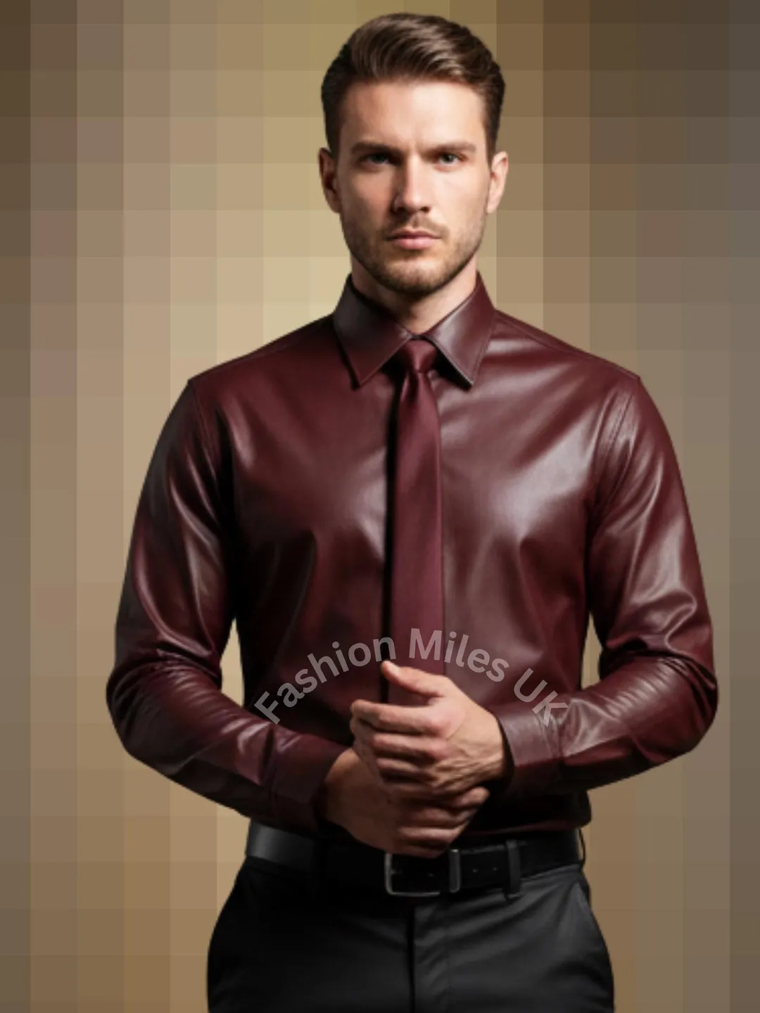 Custom Black Leather Dress Shirt | Men's Classic Leather Uniform Shirt with  Tie | Genuine Lambskin Button -Up Handmade full sleeve shirt