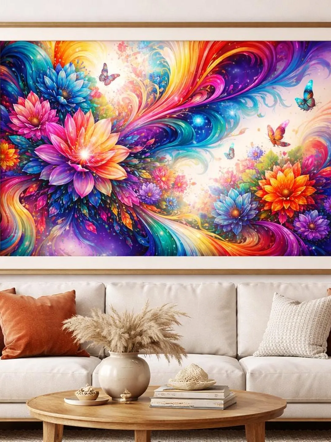 Rainbow Floral Abstract Art Print – Vibrant Butterfly Flower Wall Decor