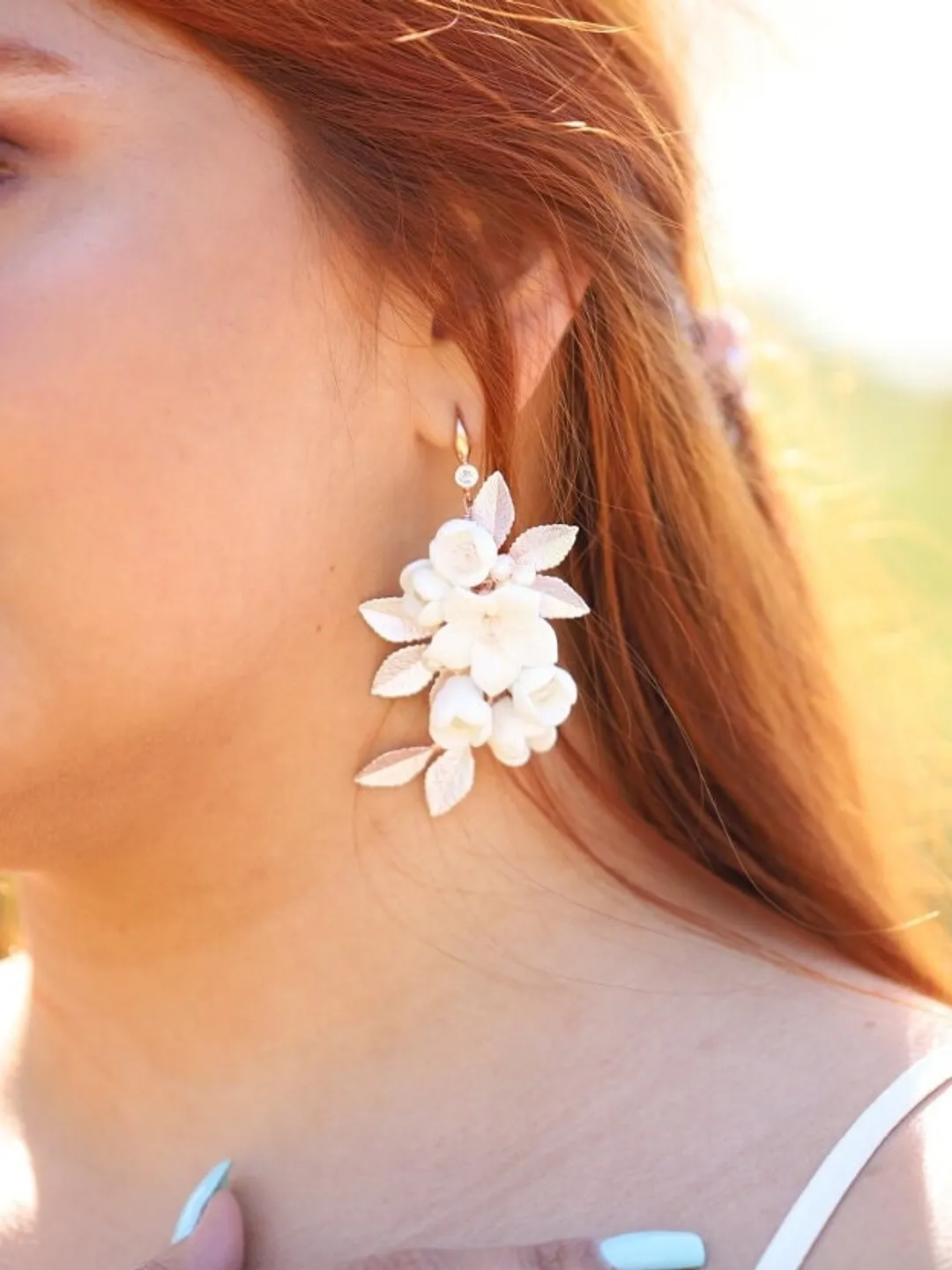 Porcelain Flowers Wedding Earrings, Floral Bridal Earrings, Boho Wedding Earrings