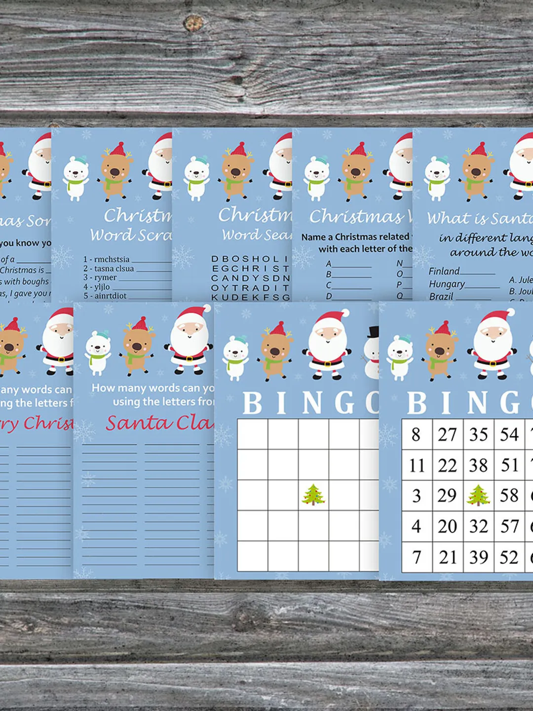 Christmas party games bundle,Printable Christmas Party Game Pack,Happy Santa claus Christmas Trivia Game Cards