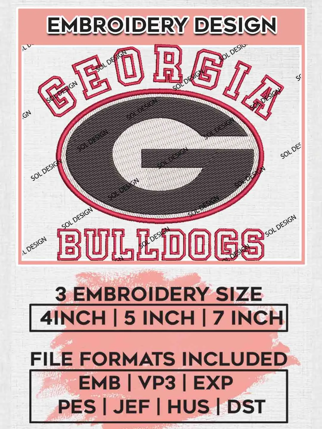 Georgia Bulldog Embroidery Design, Football Embroidery files, Sport Machine embroidery files, 3 sizes, Instant Download