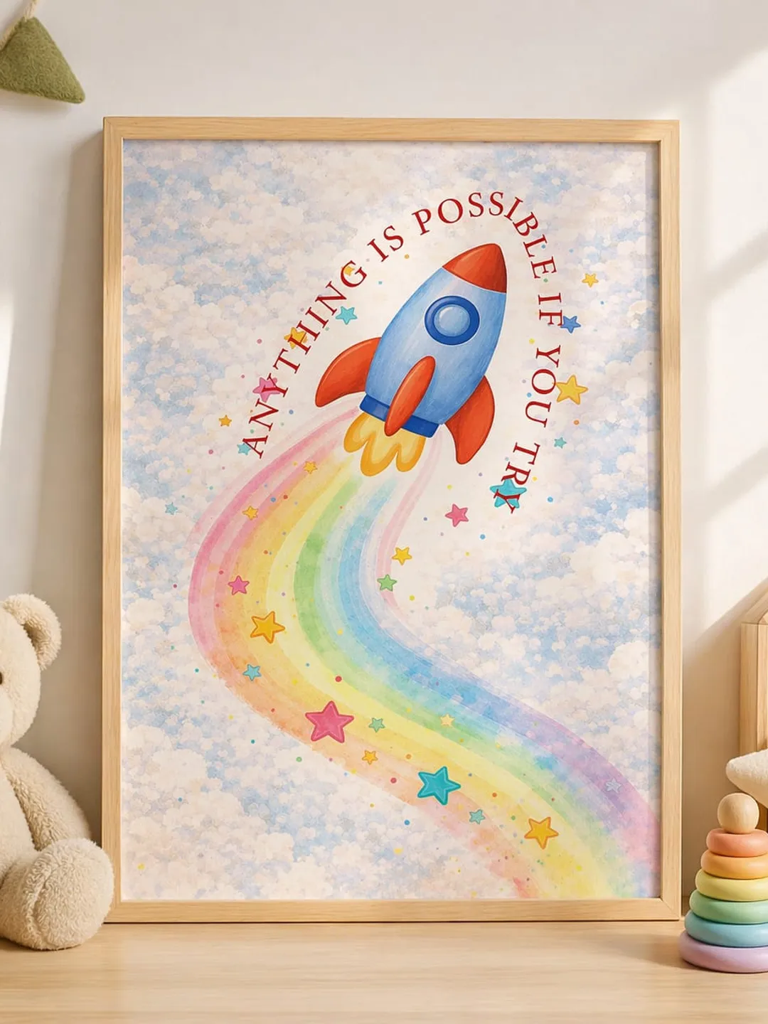 Kids Nursery Rocket Wall Art Rainbow Poster Baby Room Decor Space Theme ...