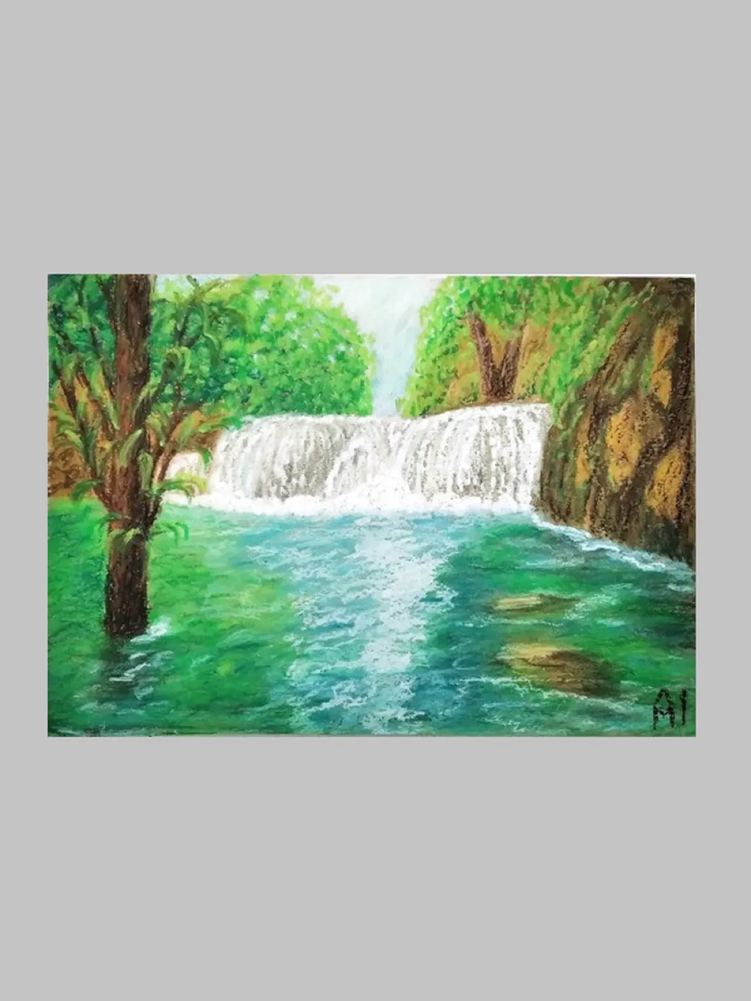 Forest waterfall Landscape Pastel painting on paper