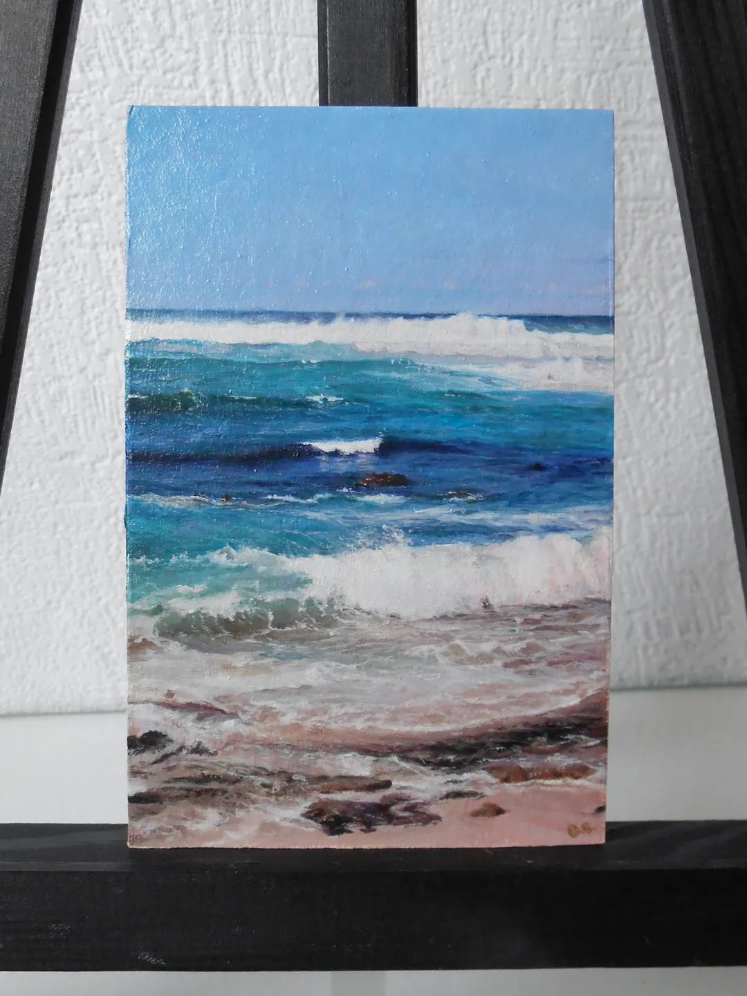 Ocean painting 5'x3' Seascape miniature artwork Turquoise wave Sandy shore
