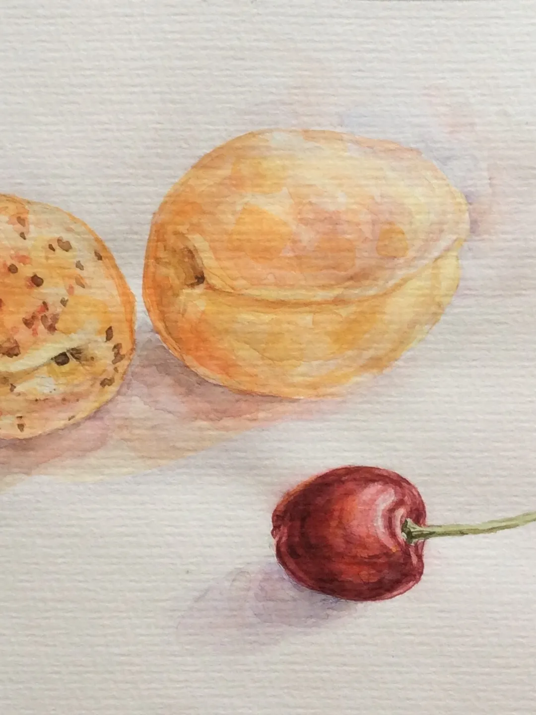 "Apricots and cherry" watercolor painting fruit small artwork original wall art still life, 17,5x12,5cm.