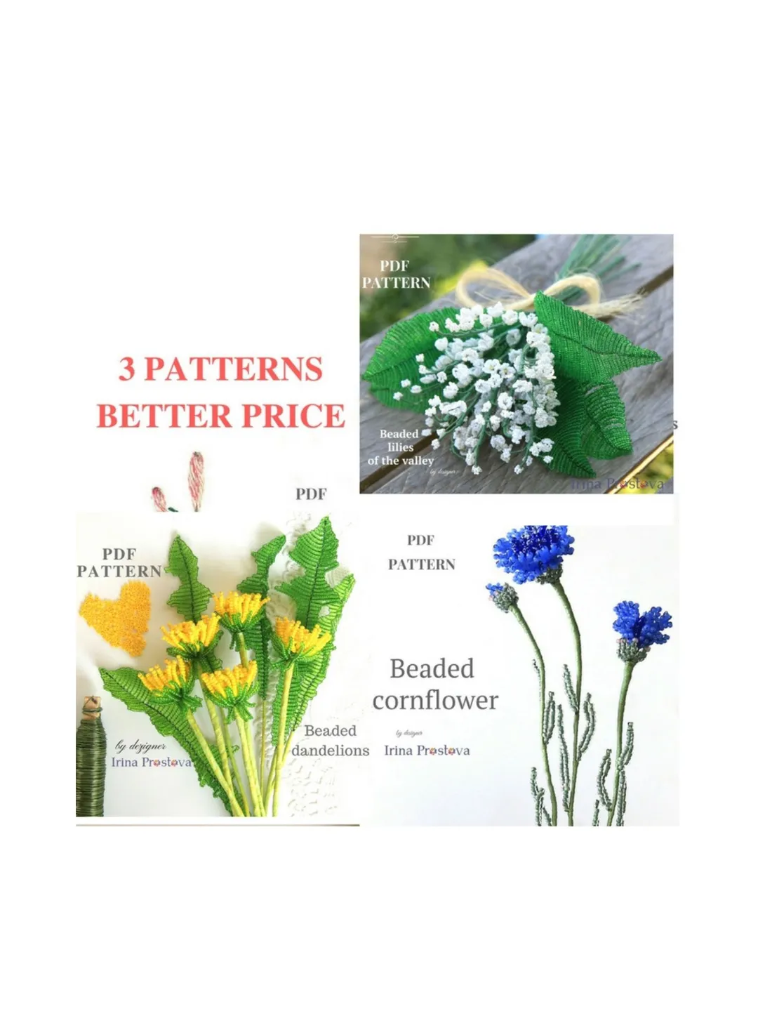 Beaded lilies of the valley, lilies of and dandelion | Beaded Flowers pattern | Seed bead patterns | Beadwork pattern