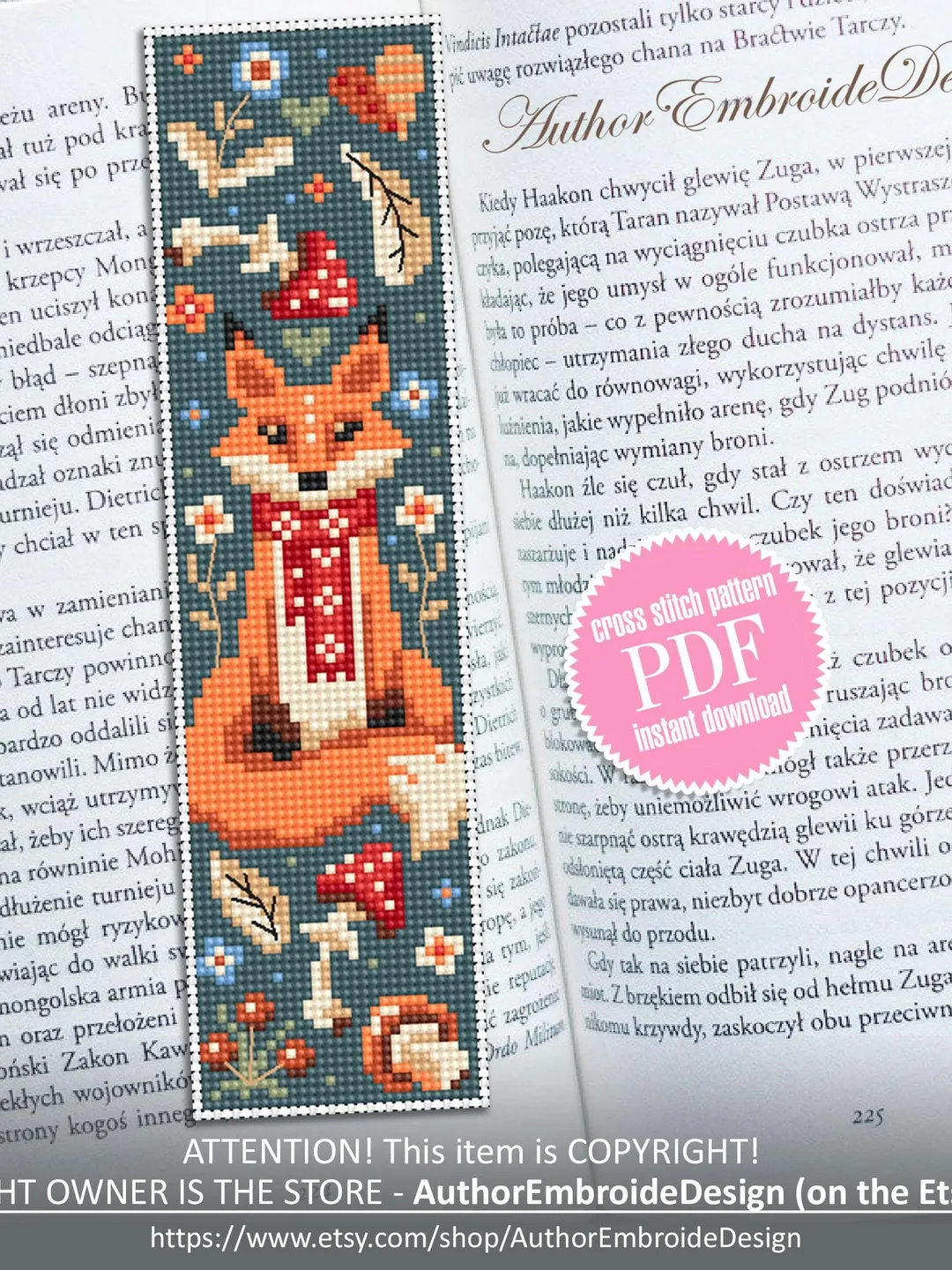 Animal bookmark cross stitch pattern PDF download Scandinavian folk fox cross stitch chart, Autumn bookmark pattern digital PDF #B426