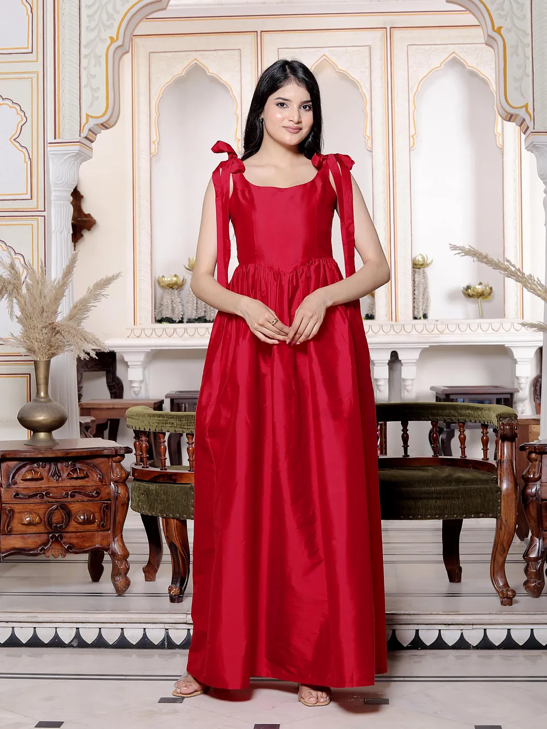 red dress tie straps Red Taffeta Maxi Dress | Tie Strap Long Dress