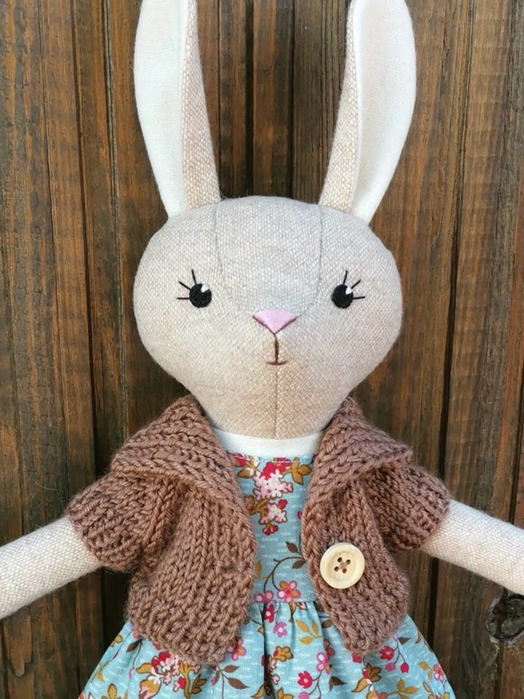 Beige bunny girl, handmade stuffed doll, fabric plush rabbit toy, wool animal doll