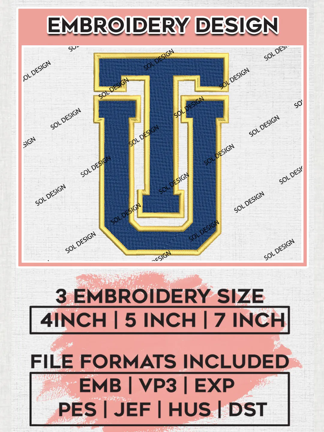 NCAA UT Hurricane Team Logo Embroidery Design Files, NCAA Tulsa Golden Hurricane Machine Embroidery, NCAA Teams, 3 sizes, NCAA Machine embroidery designs, Digital Download