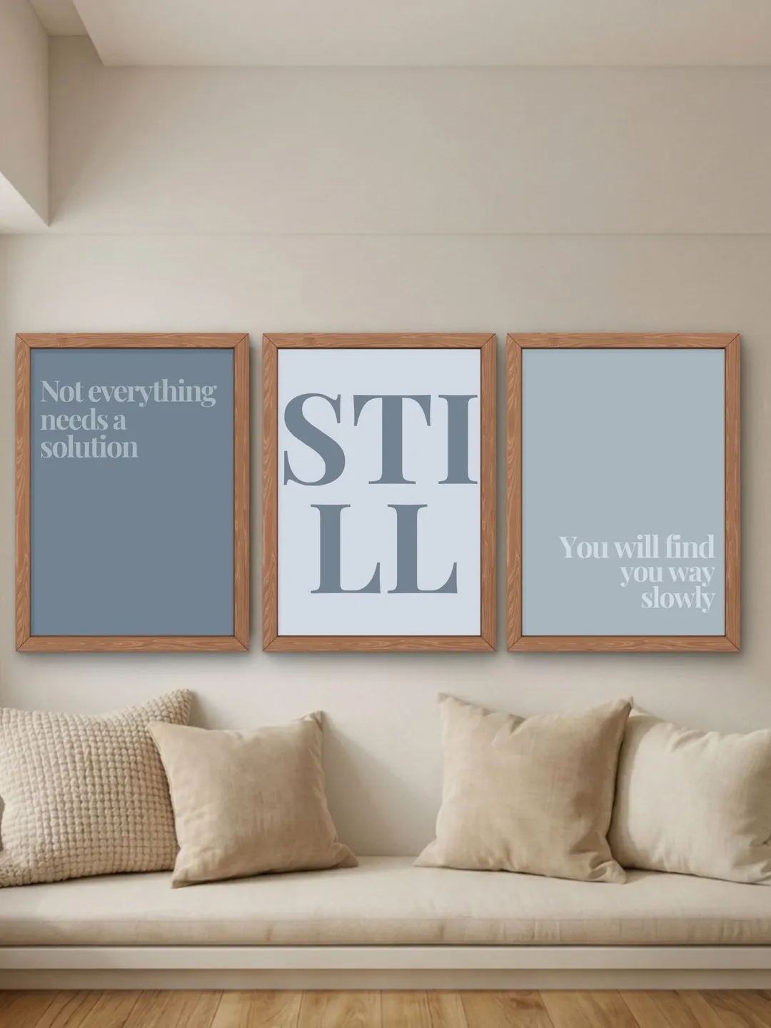 Not Everything Needs a Solution Printable Wall Art Set of 3, Calm Minimal Quote Prints, Muted Blue Bedroom Decor, Instant Digital Download