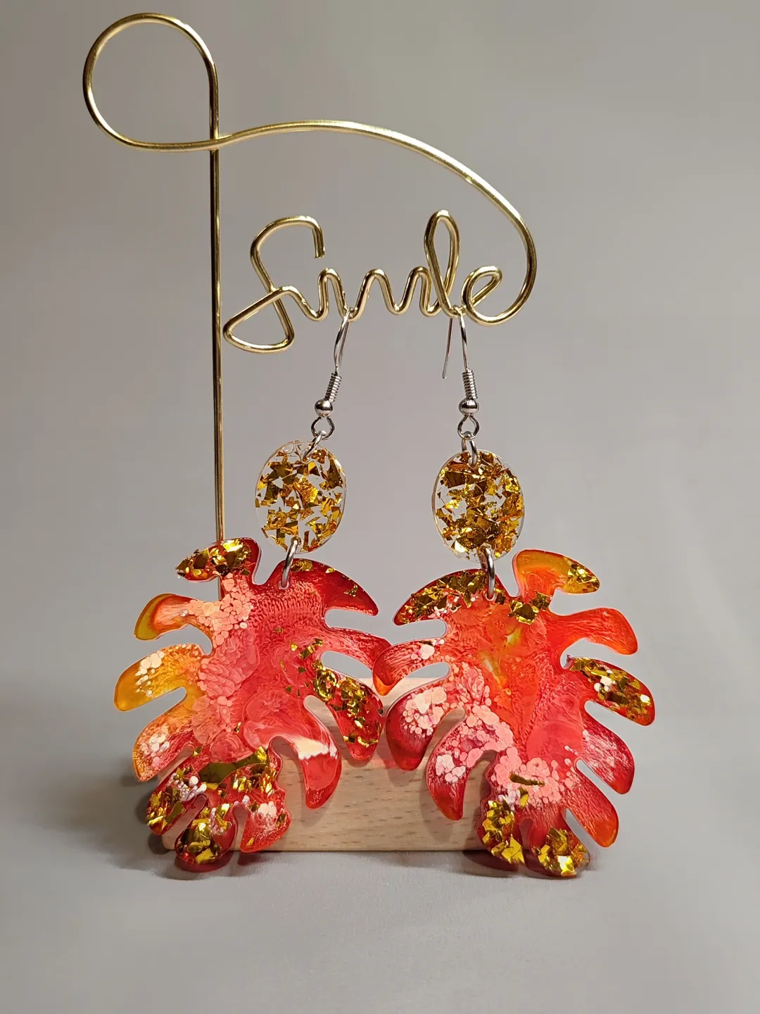 Monster leaf earrings, orange colored earrings, stylish earrings