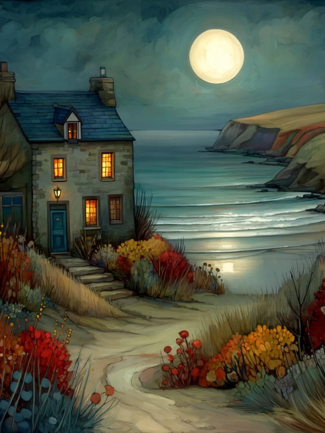 20 Evening Ocean Cottage Art Collection Moonlit Coastal Scenes Warm Night Landscape PNGs for Sublimation and Wall Decor