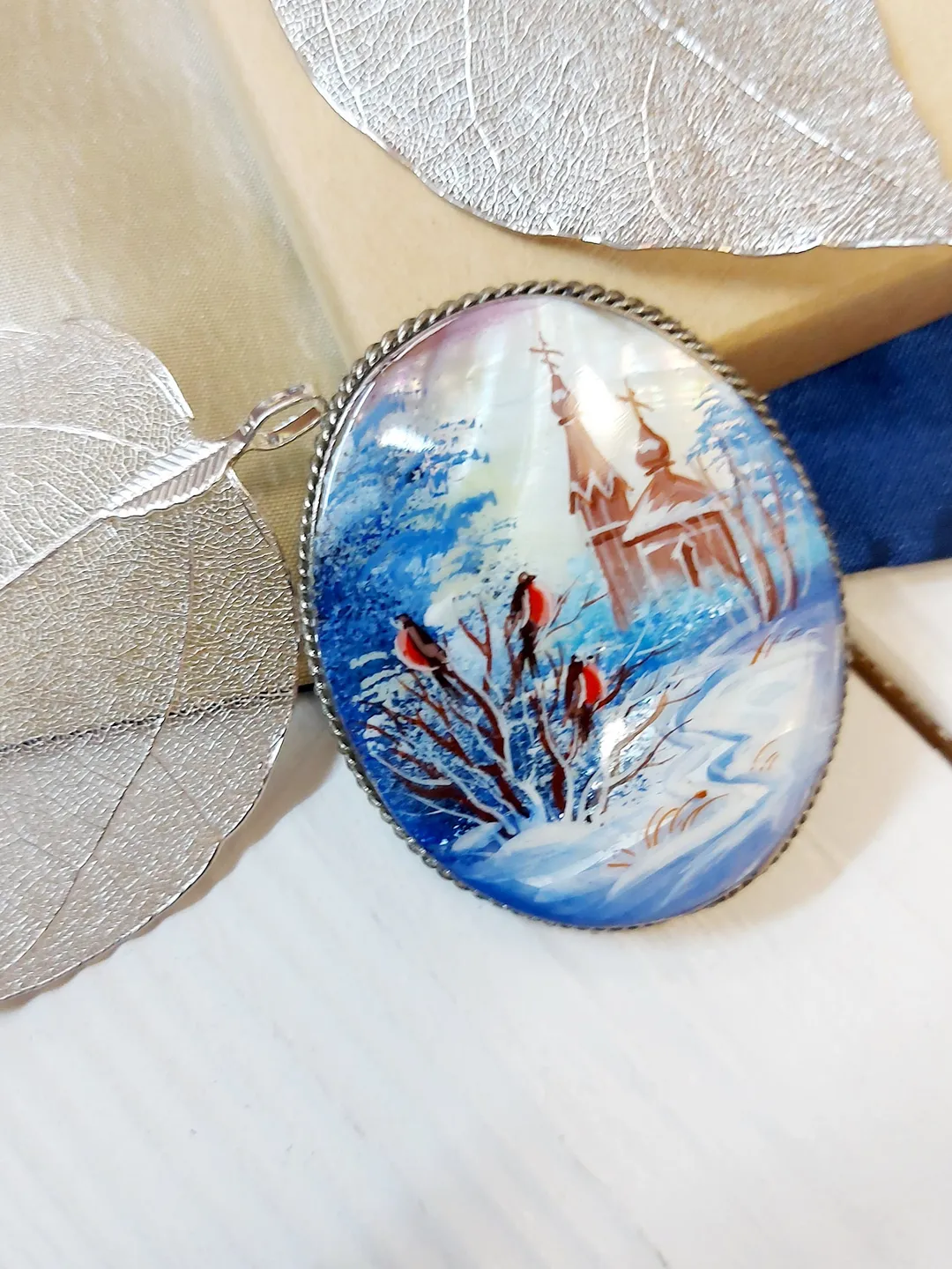 Brooches for women: Church and bullfinches in winter village on hand painted brooch • unique pearl lacquer pin • trendy brooch for dress