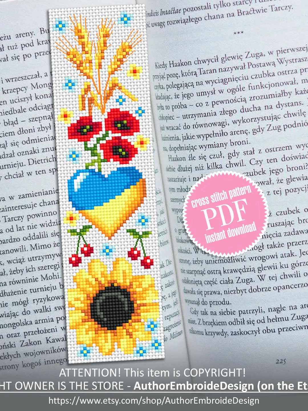 Ukraine bookmark cross stitch pattern PDF download Folk Symbols of Ukraine cross stitch chart, Handmade bookmark digital PDF Sunflower #B208