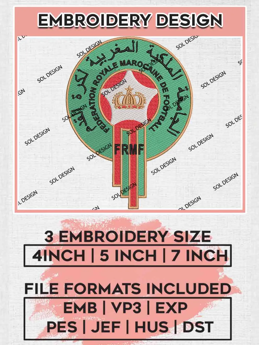 The Atlas Lions Football Team Logo Embroidery Designs, FRMF Embroidery files, Morocco National Football Team, Machine embroidery designs, Digital Download