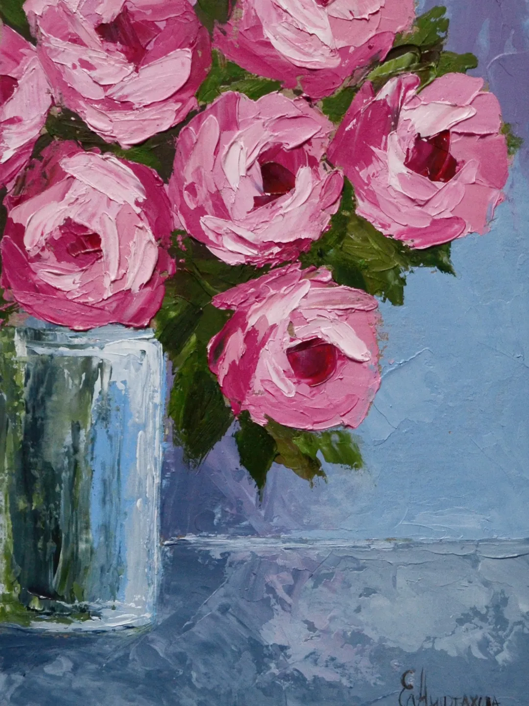 Pink Roses Painting Original Art Roses Oil Painting Bouquet of Roses Art Floral Painting Small Impasto Painting 6 by 8.5 by MilenaART