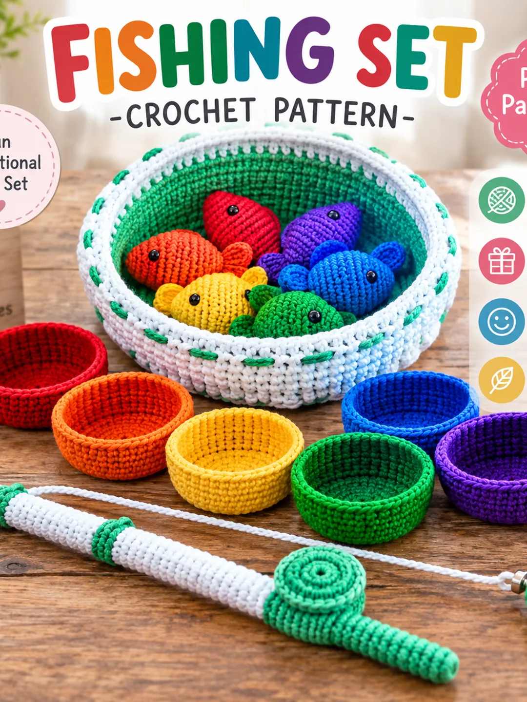 Crochet Fishing Set Pattern PDF | Baby Toy Fishing Game | Amigurumi Fish & Baskets | DIY Crochet Toy Pattern