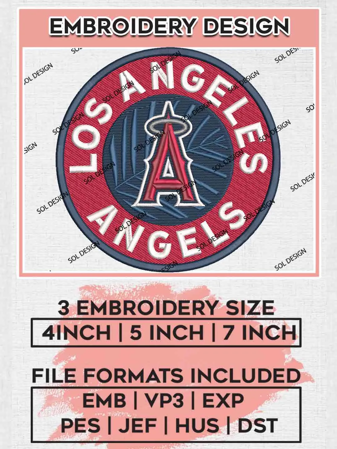 MLB Los Angeles Angels Round Logo Embroidery Files, MLB Los Angeles Angels Team Embroidery, MLB Teams, 3 sizes, MLB Angels Baseball Machine embroidery designs, Digital Download
