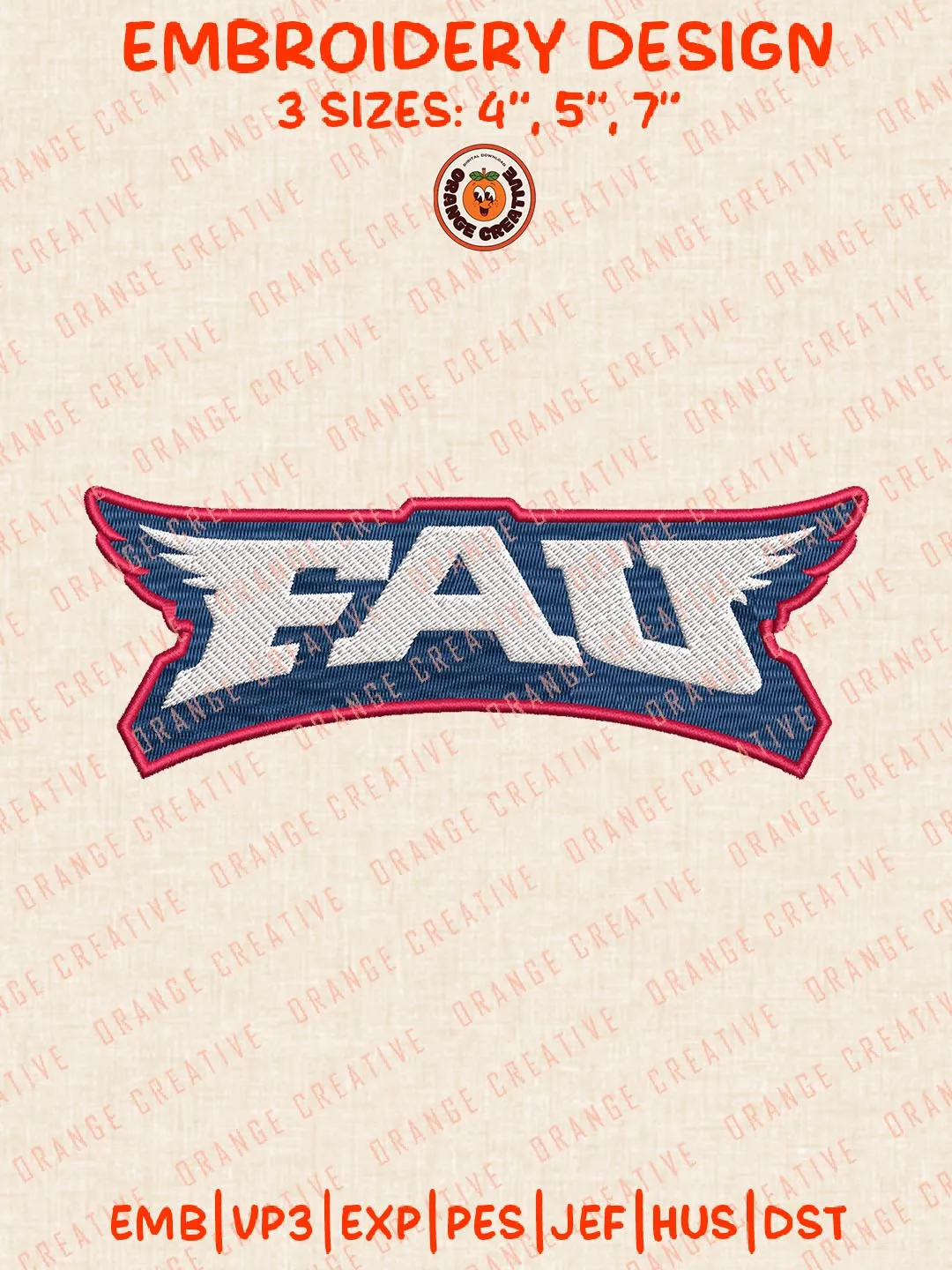 FAU Owls Embroidery Design, NCAA Florida Atlantic Owls Team Logo Embroidery Design, Machine Embroidery Design File, 4 Sizes, Custom Size, Digital Download