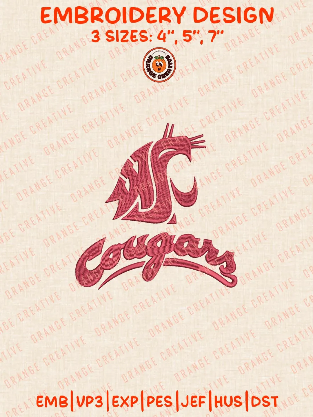 Cougars Logos Embroidery Design Files, NCAA Washington State Cougars Logos Embroidery Designs, Machine Embroidery Files, 4 Sizes, Custom Sizes, Instant Download