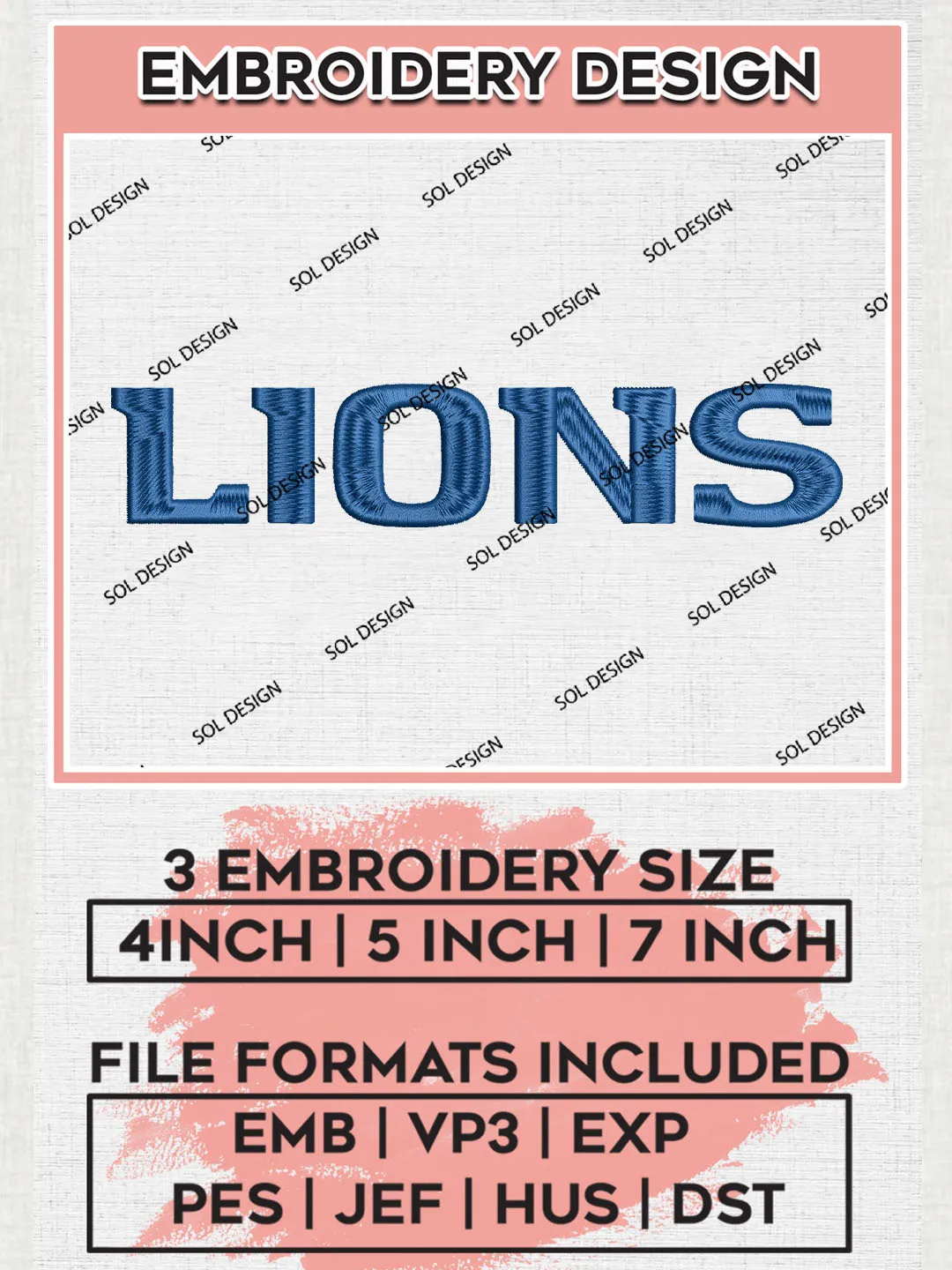NCAA Lions College Football Team Word Logo Embroidery Design Files, NCAA Texas A&M Commerce Lions Machine Embroidery, NCAA Teams, Game Day, 3 sizes, NCAA Machine embroidery designs, Digital Download