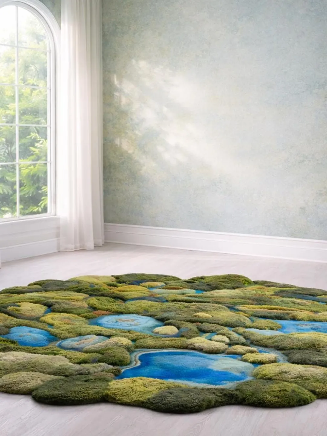 Moss Green Wool Area Rug, 3D Textured Organic Carpet, Nature Inspired