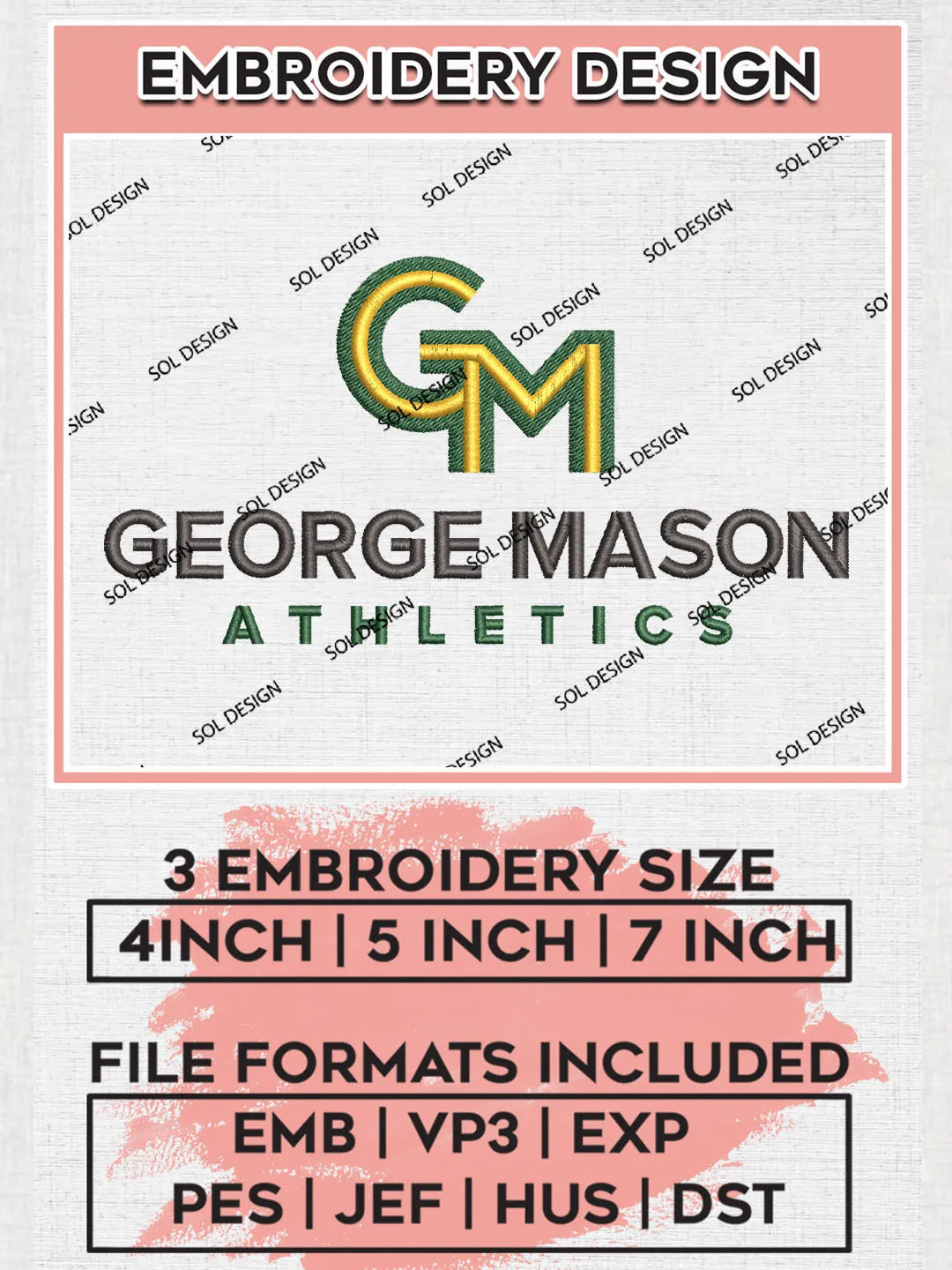 NCAA George Mason Athletics College Team Logo Embroidery Design Files, NCAA George Mason Patriots Machine Embroidery, NCAA Teams, 3 sizes, NCAA Machine embroidery designs, Digital Download