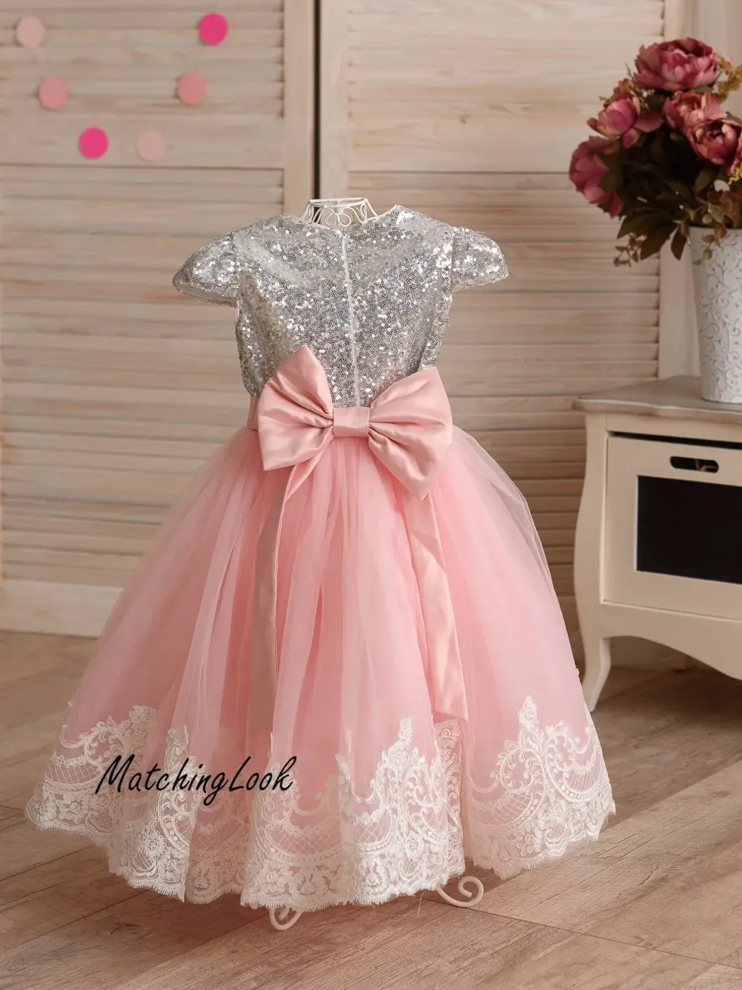 Princess sequin lace tutu dress Flower girl sequin dress with bow, princess full dress, girls silver sequin dress, birthday dress