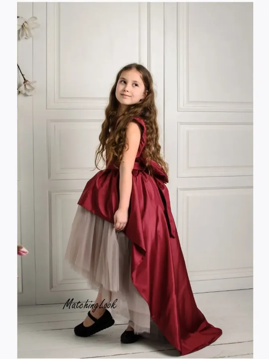 Burgundy Flower Girl Dress, Tulle Dress, High Low Dress, Girl Princess Dress, Girl Tutu Dress, Tulle Train Dress, Photoshoot Dress, Elegant