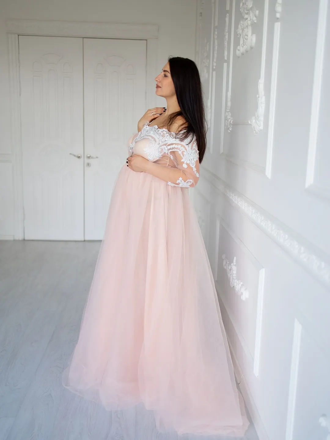 Pink Tulle Dress, Off Shoulder Dress, Maternity Dress for Photoshoot, Elegant Gown, Peach Maternity Dress, Maxi Tulle Gown, Special Occasion
