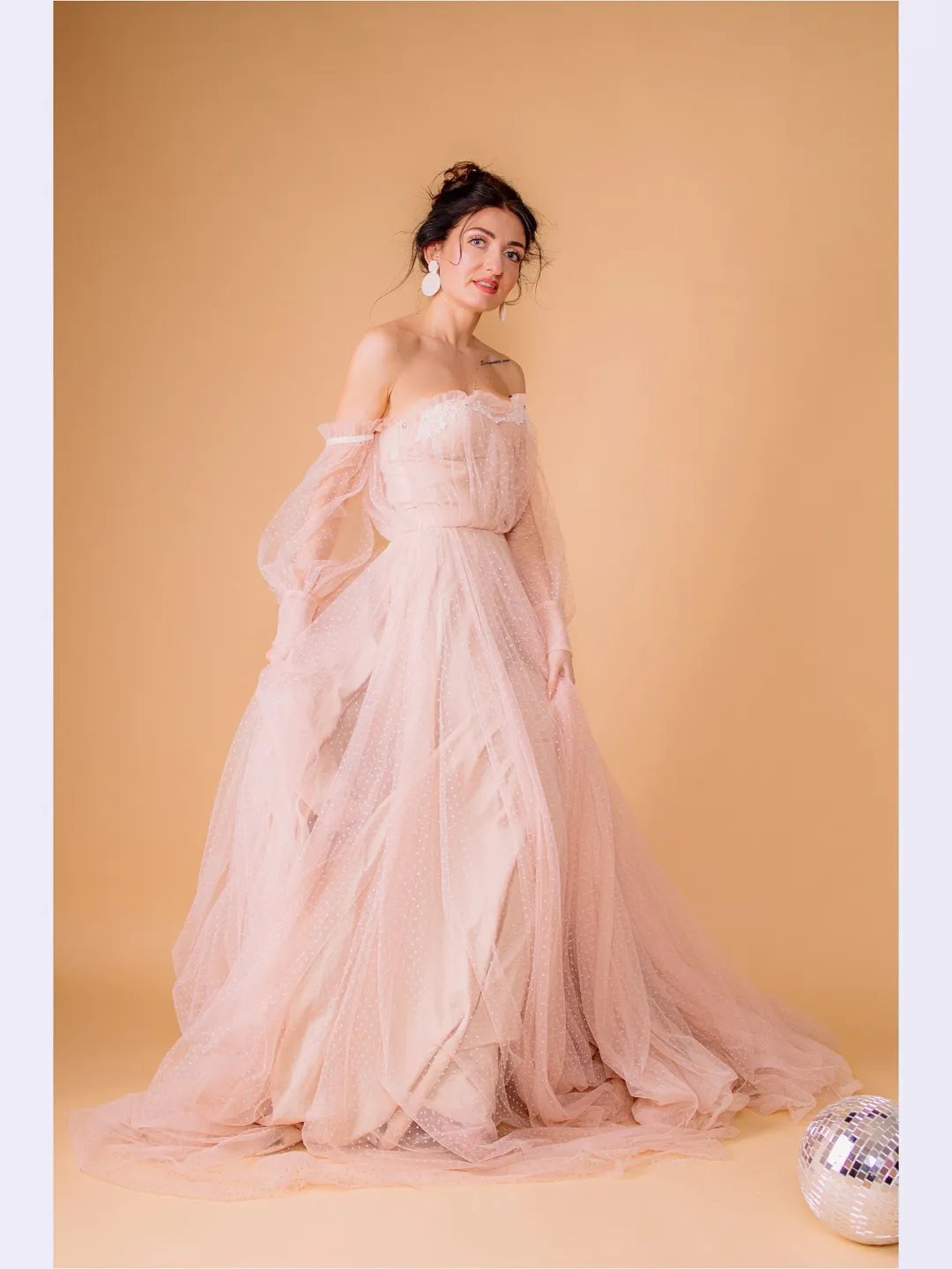 Pink Wedding Dress, Blush Tulle Gown, Polka Dot Elegant Dress