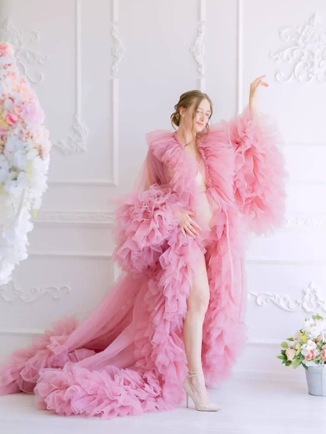 Ruffle Maternity Photoshoot Dress, Dusty Rose Robe, Maternity Robe Dress, Tulle Ruffle Robe, Pregnancy Gown, Boudoir Robe, Mom To Be Dress