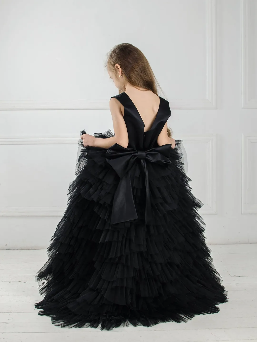 Black Flower Girl Dress, Pageant Dress, Black Tulle Dress, New Year Gown, Holiday Photoshoot, Princess Dress With Train, Tutu Party Dress