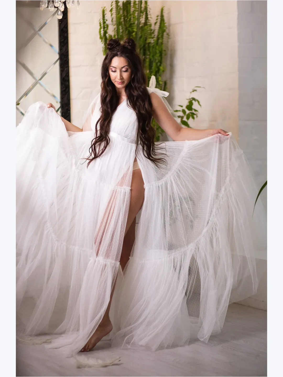 Boho Maternity Dress, Flowy Tulle Dress, White Maternity Photoshoot Dress, Empire Waist Robe Dress, Polka Dot White Dress, Sheer Pregnancy