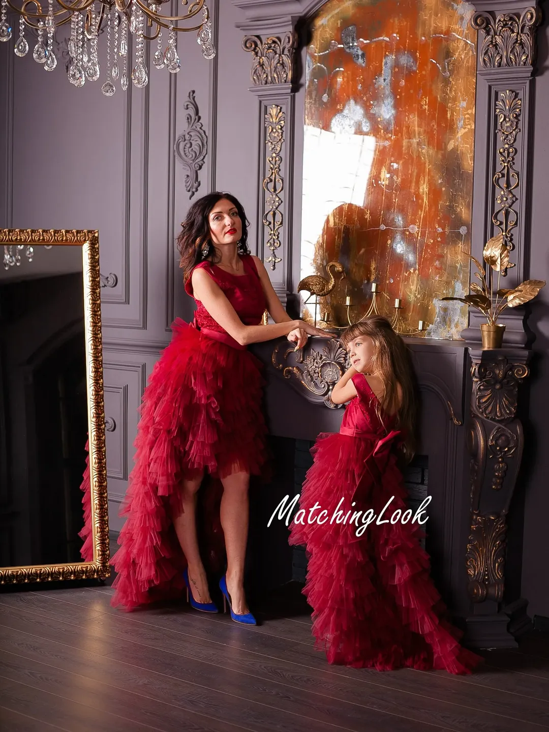Mommy and Me Dress, Mother Daughter Matching Dress, Formal Photoshoot Dress, Burgundy Tulle Dress, High Low Dress, Ruffle Red Dress