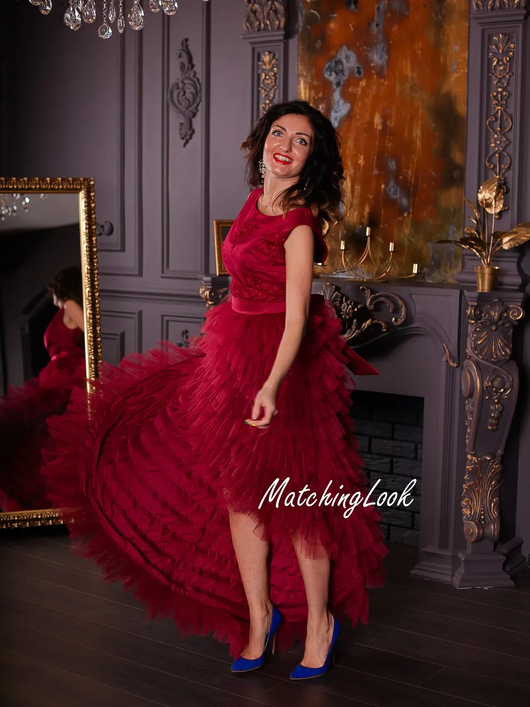 M size Dark red tulle evening dress - Dark red photoshoot dress - hi low Ruffle tulle dress for party