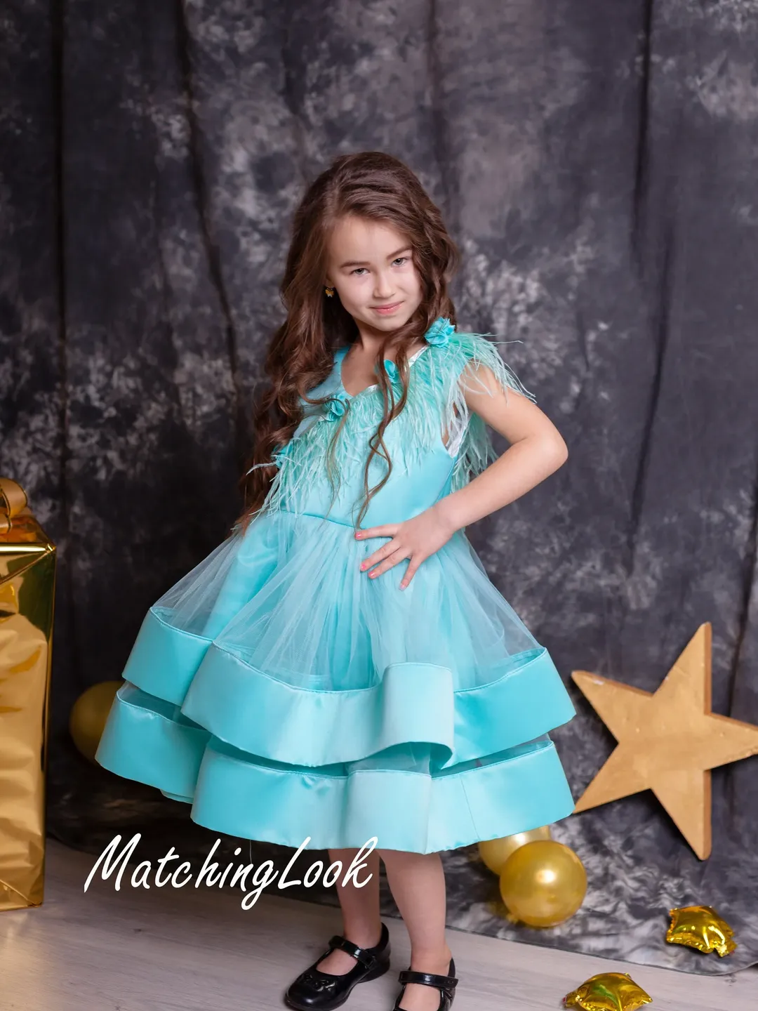Flower Girl Dress, Girl Teal Dress, Birthday Dress, Feather Dress, Tiered Dress, Princess Dress, Girl Tutu Dress, Blue Tulle Dress, Formal