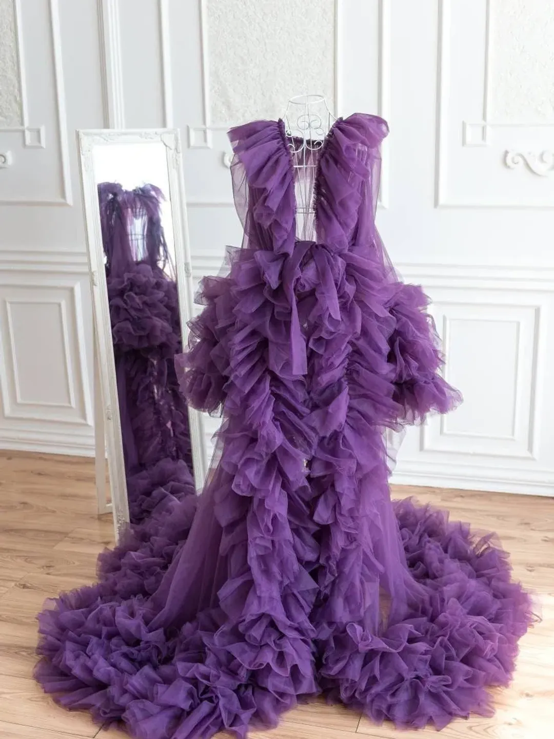 Boudoir Maternity Photoshoot Dress, Eggplant Robe Dress, Purple Maternity Fluffy Gown, Extra Long Tulle Ruffle Robe, Pregnancy Puffy Gown