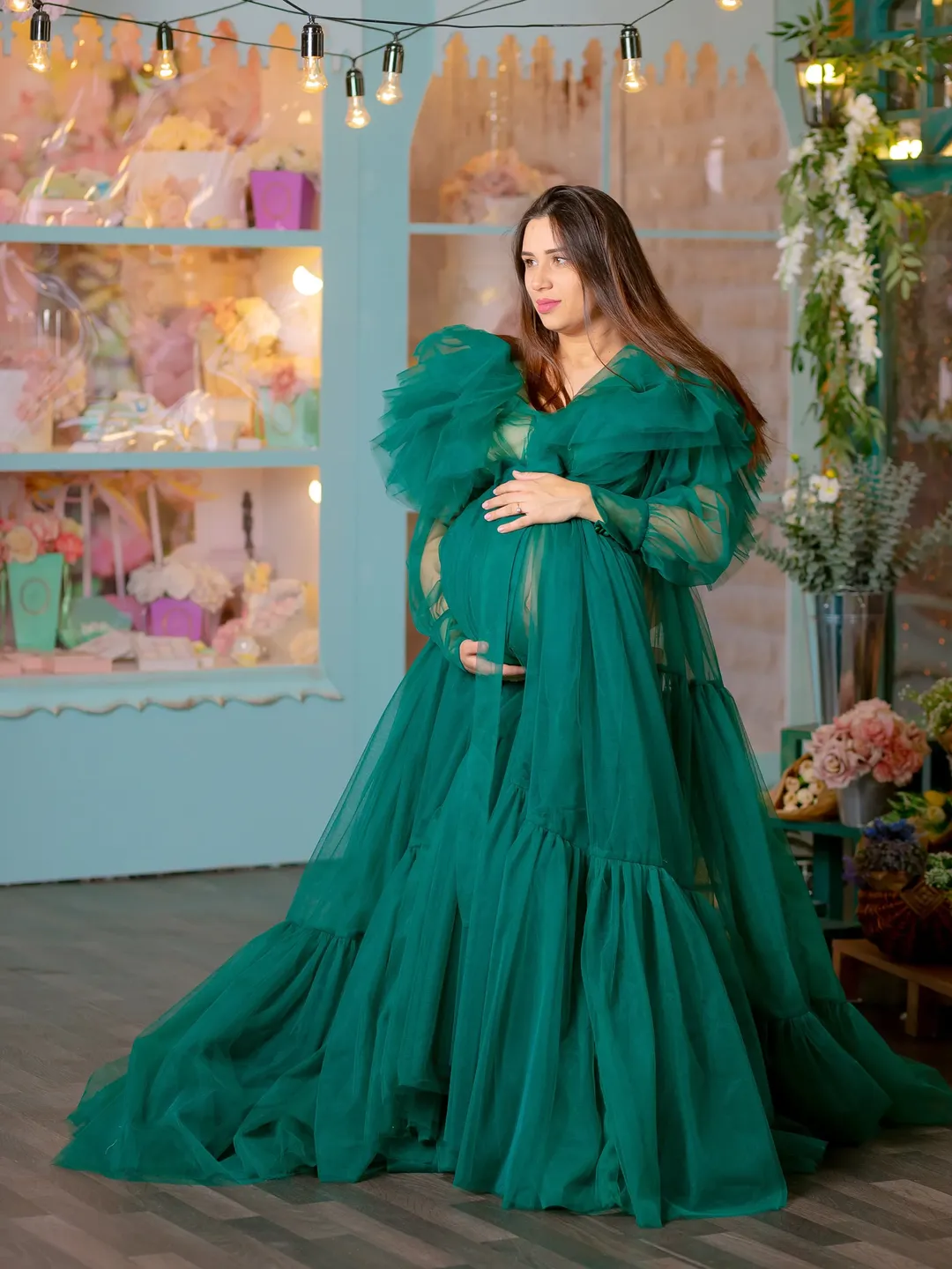 Emerald Green Maternity Tulle Robe, Tiered Photoshoot Robe, Green Sheer Robe, Pregnancy Robe for Photoshoot, Boudoir Robe, Peignoir Dress