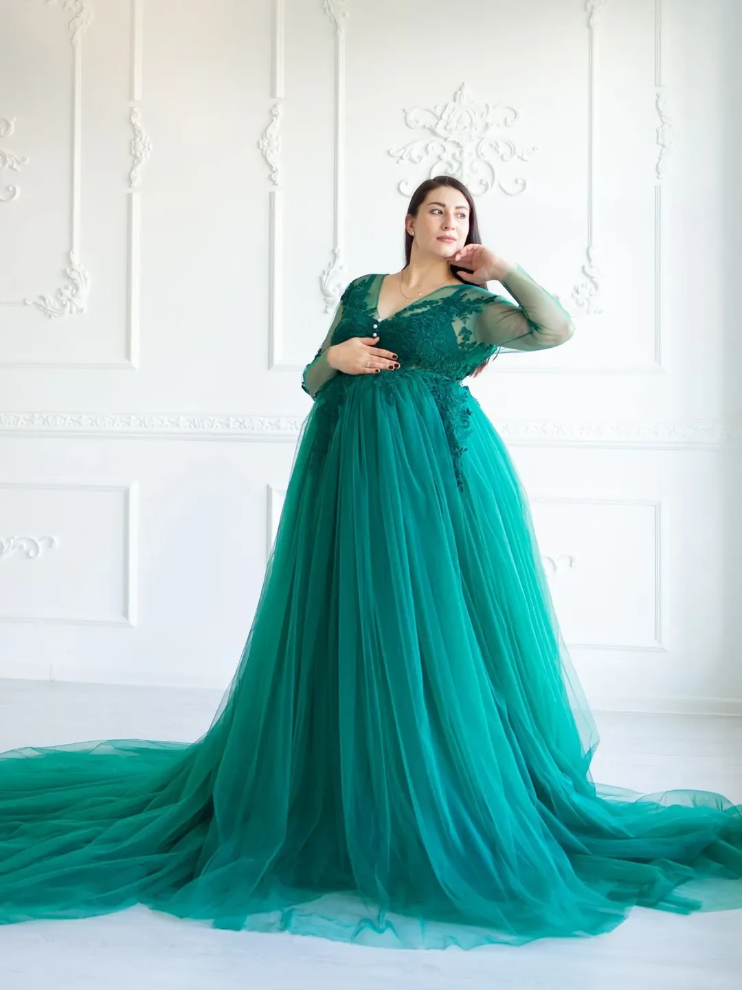 Emerald Maternity Dress, Tulle Maternity Gown, Teal Maternity Robe, Pregnancy Lace Dress, Maternity Photoshoot, Emerald Wedding Gown