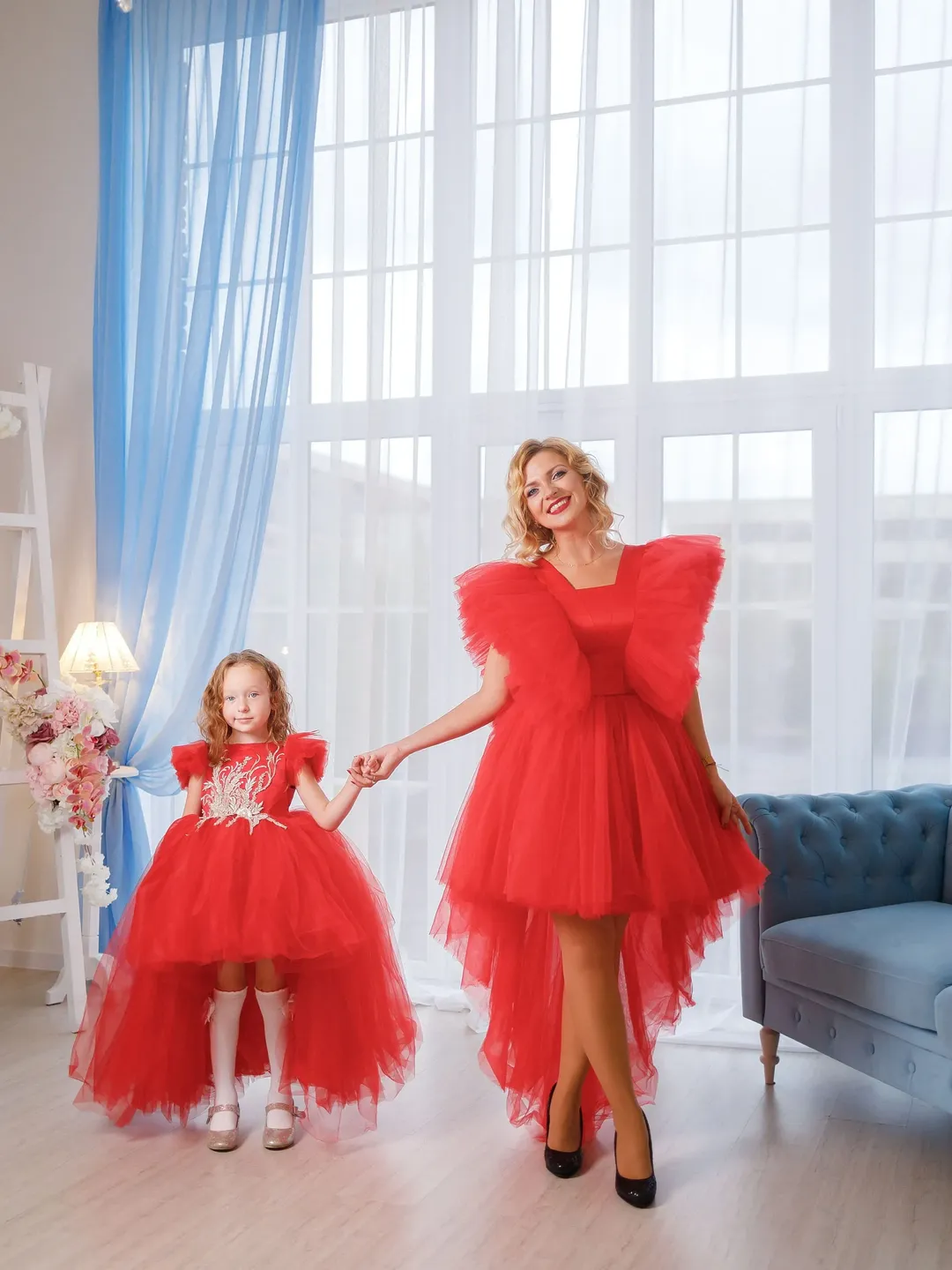Mommy and Me Red Dresses, Formal Dress, Elegant Photoshoot Dress, Mother Daughter Matching Dress, Tulle Tutu Dress, High Low Tulle Dress