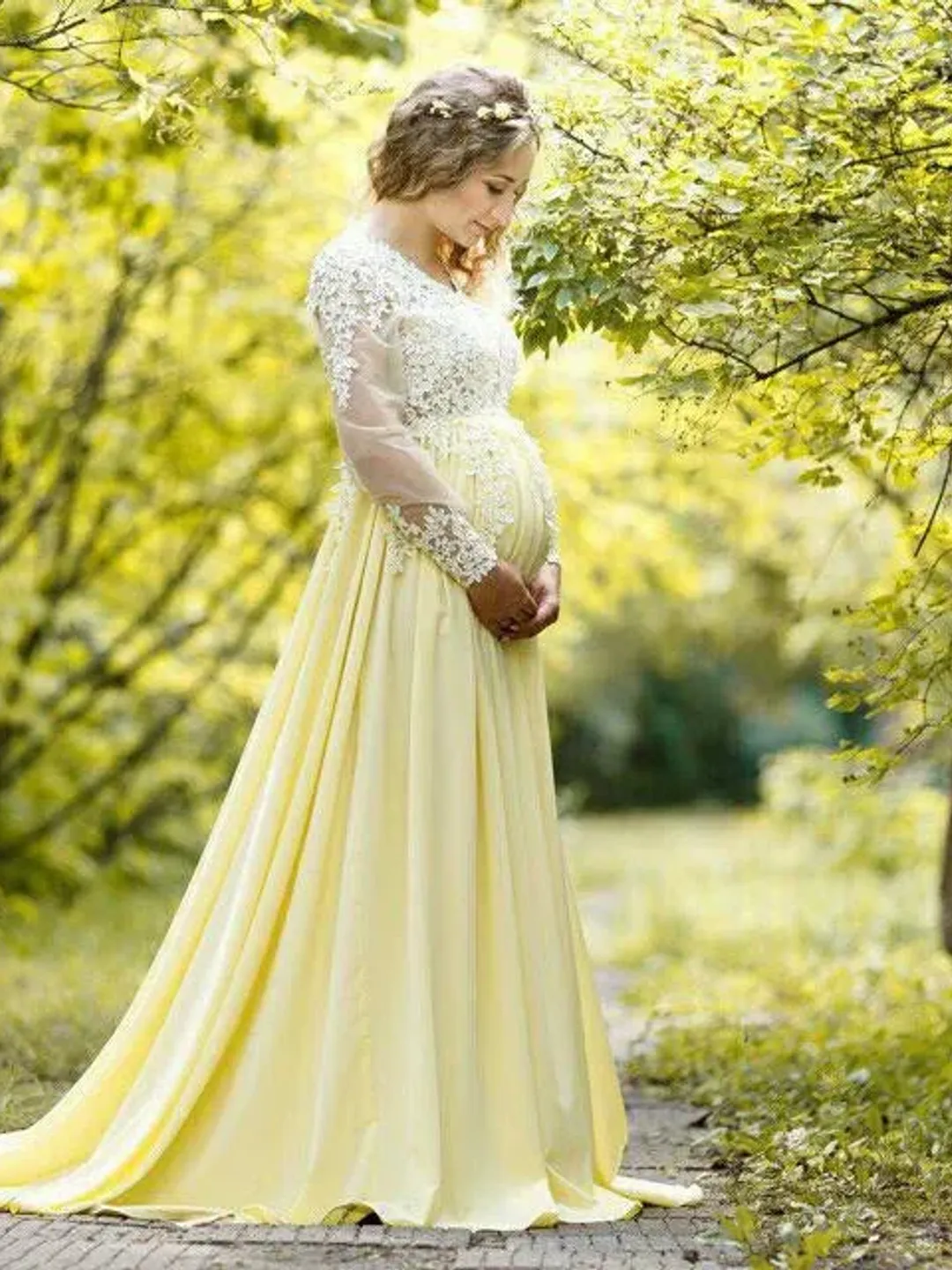 green emerald velvet dress Momyknows Yellow Lace V-Neck Flare Sleeve Elegant Maternity Maxi Dress Yellow / 2XL