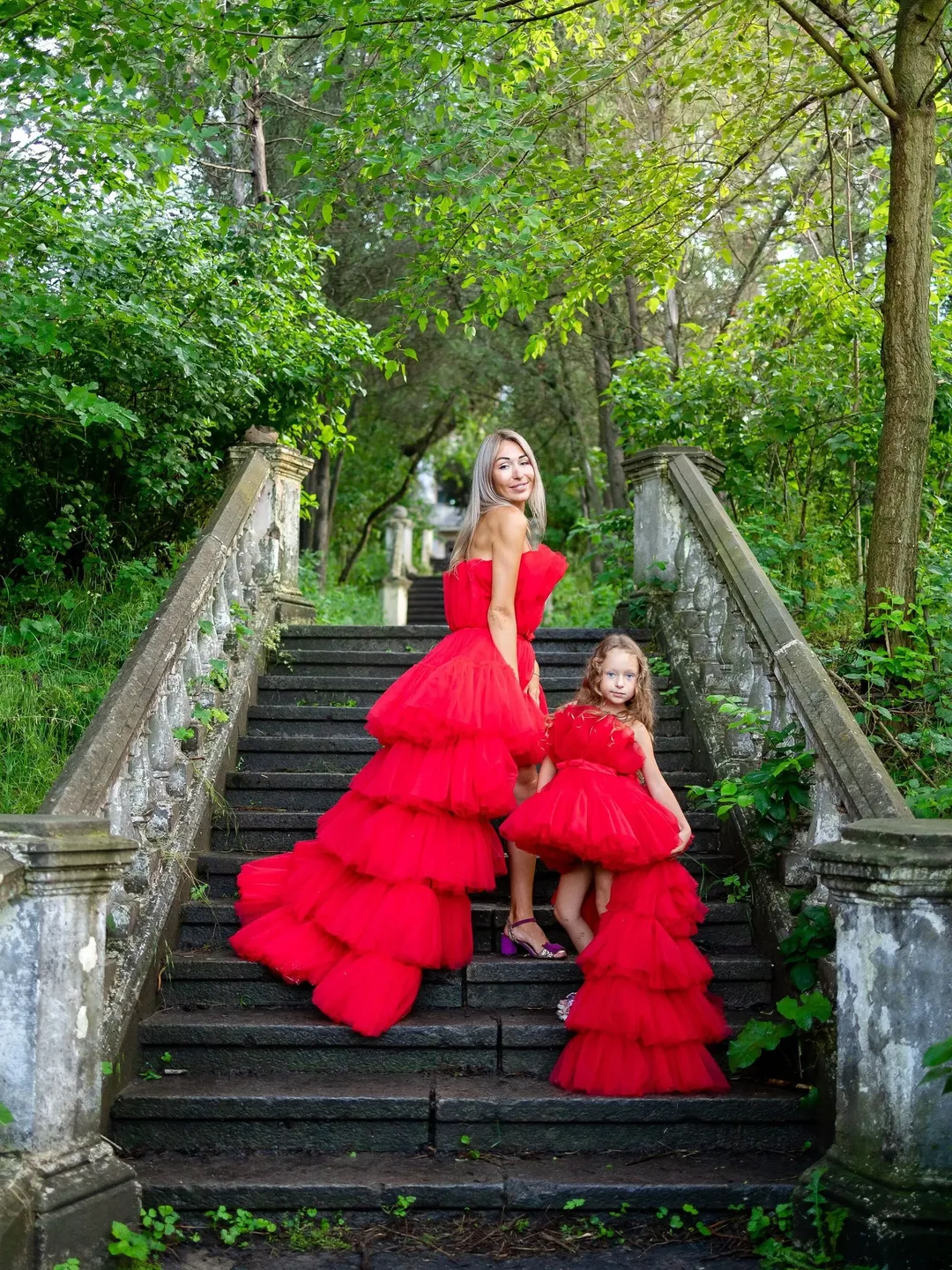 Mother Daughter High Low Dresses, Red Layered Tulle Dress, Mommy and Me Photoshoot Dresses