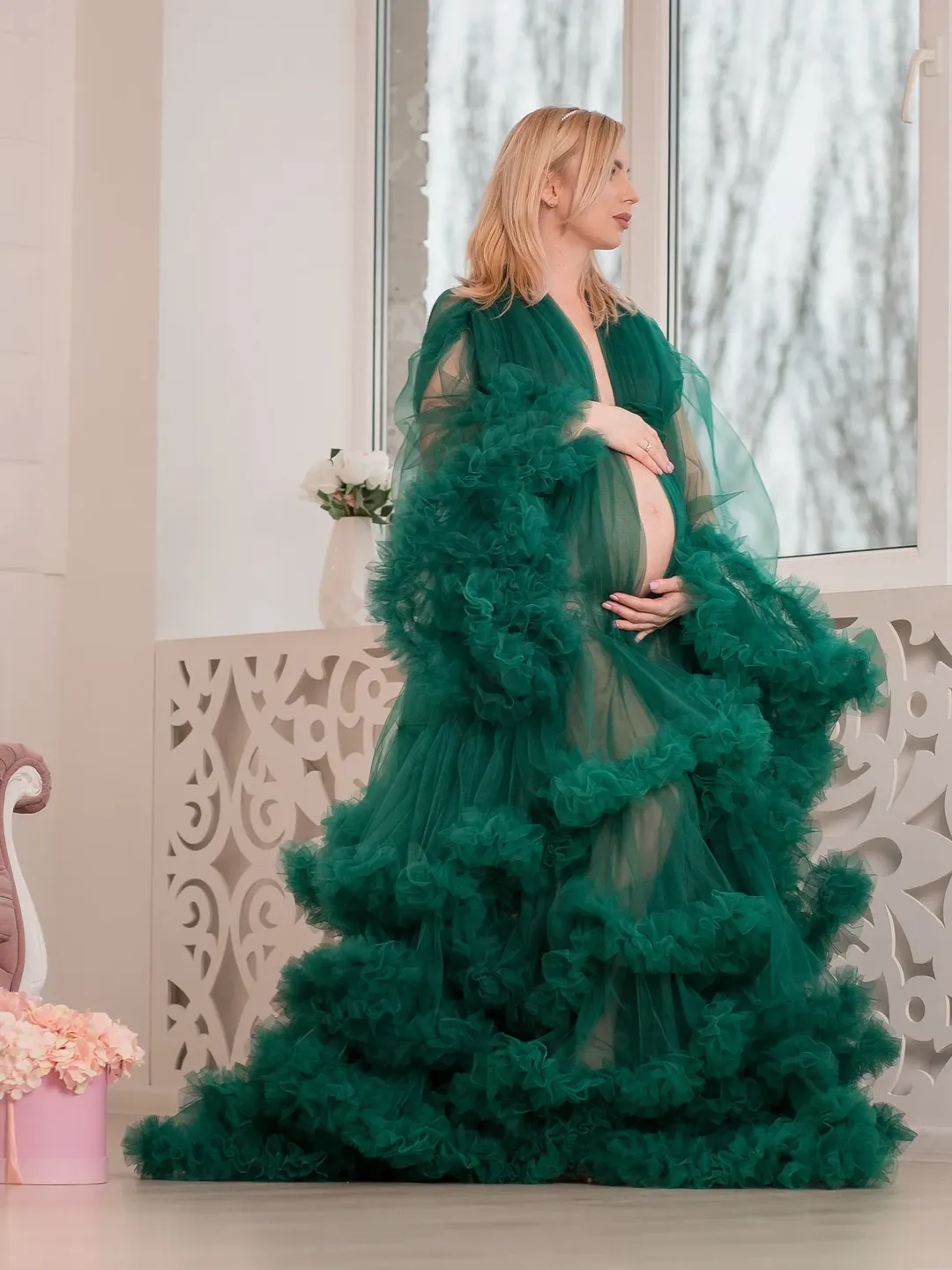 Emerald Green Ruffled Maternity Robe, Tulle Long Bridal Robe, Photoshoot Tiered Robe, Boudoir Tulle Dress, Pregnancy Gown, Maternity Photo,