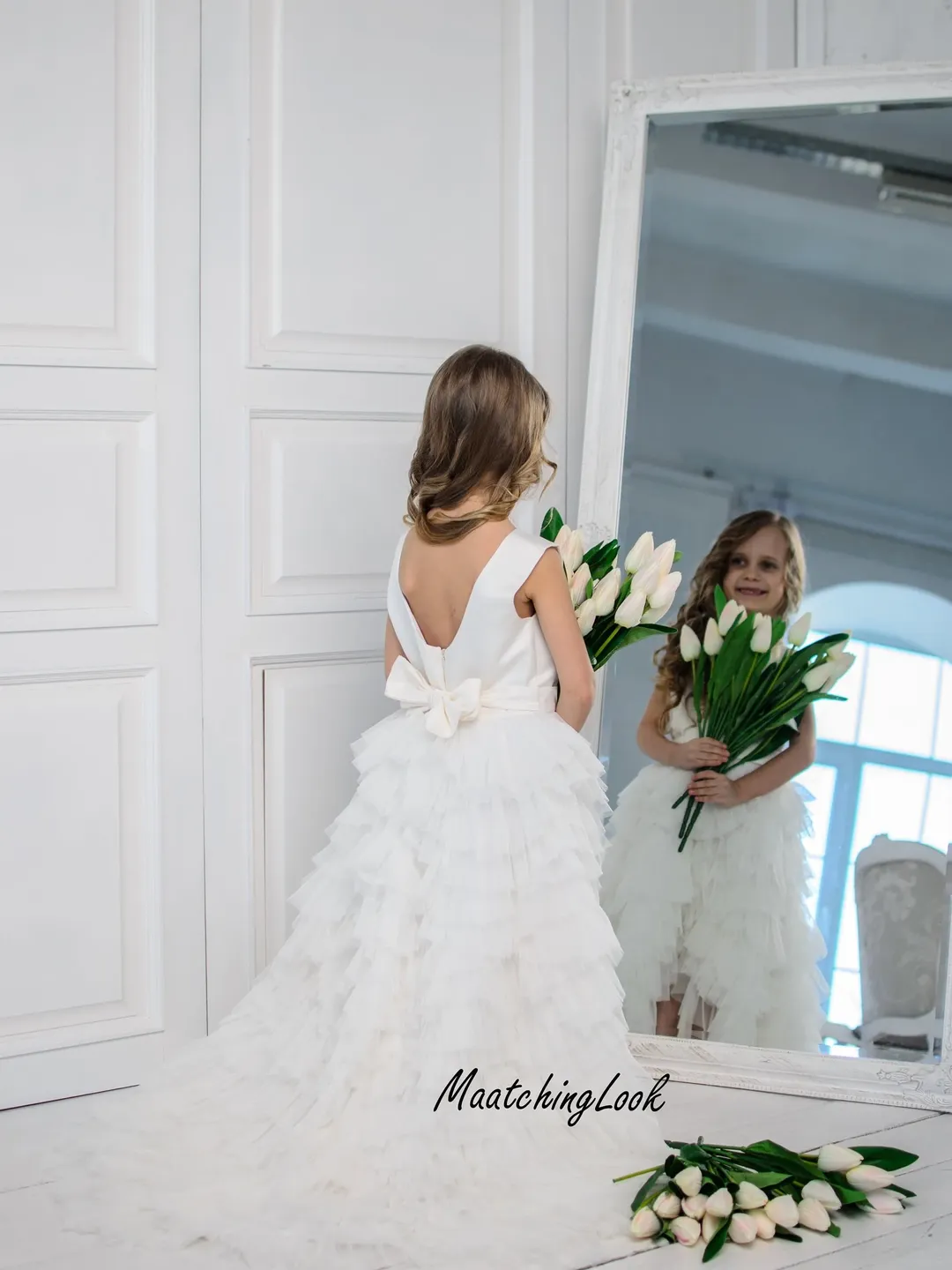 Flower Girl Dress, Tulle Layered Dress, High Low Dress, Formal Dress, Communion Dress, Girl Baptism Dress, Elegant Dress, Ivory Tulle Dress