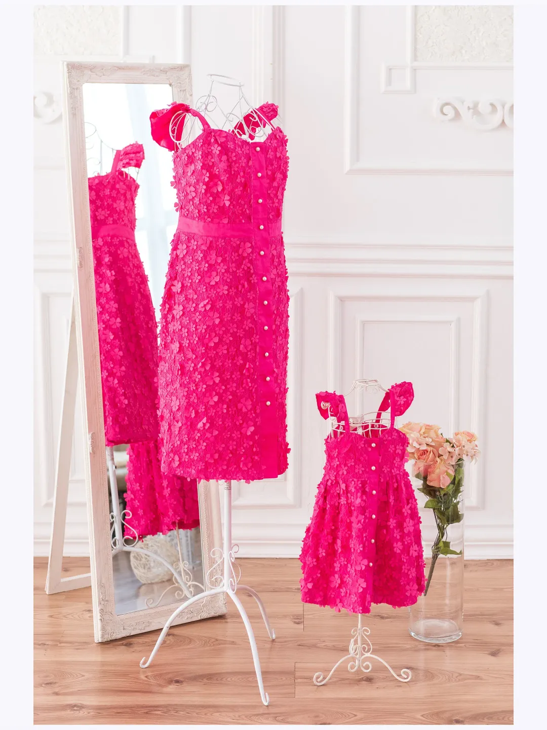 Hot Pink Matching Dresses, Mommy And Me Dress, Photoshoot Dress, Mother Daughter Matching Dress, Matching Party Dress, Lace Birthday Dress